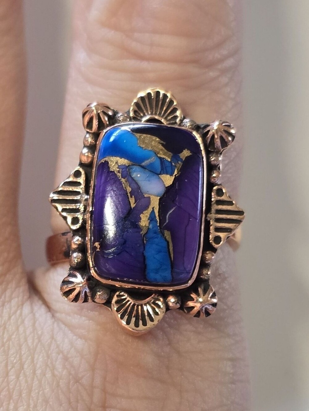 Purple Dahlia Turquoise Ring In Copper, Southwestern